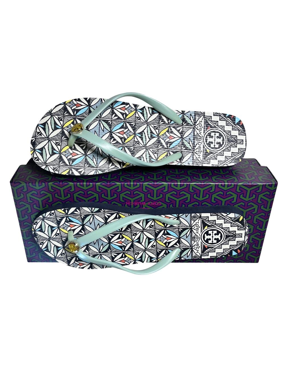 NEW Tory Burch Geometric Flip Flop Sandals with Mint Jelly Straps Size 7M